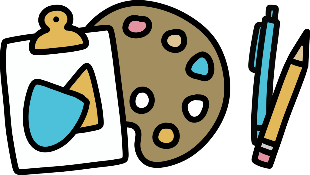 A drawing of art supplies in a doodle style