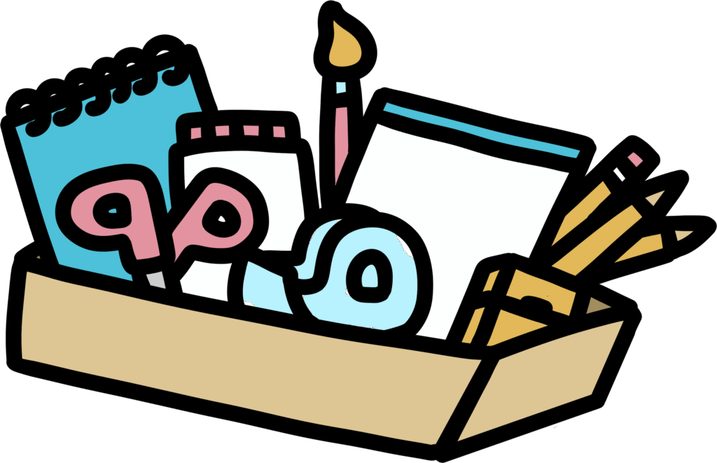 A drawing of art supplies in a doodle style